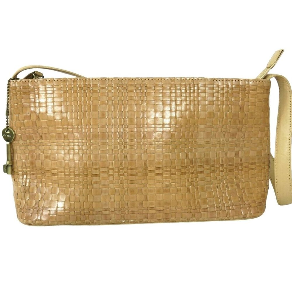 Vintage FOSSIL Tan Woven Leather Shoulder Bag Key Charm Zipper Handbag Purse